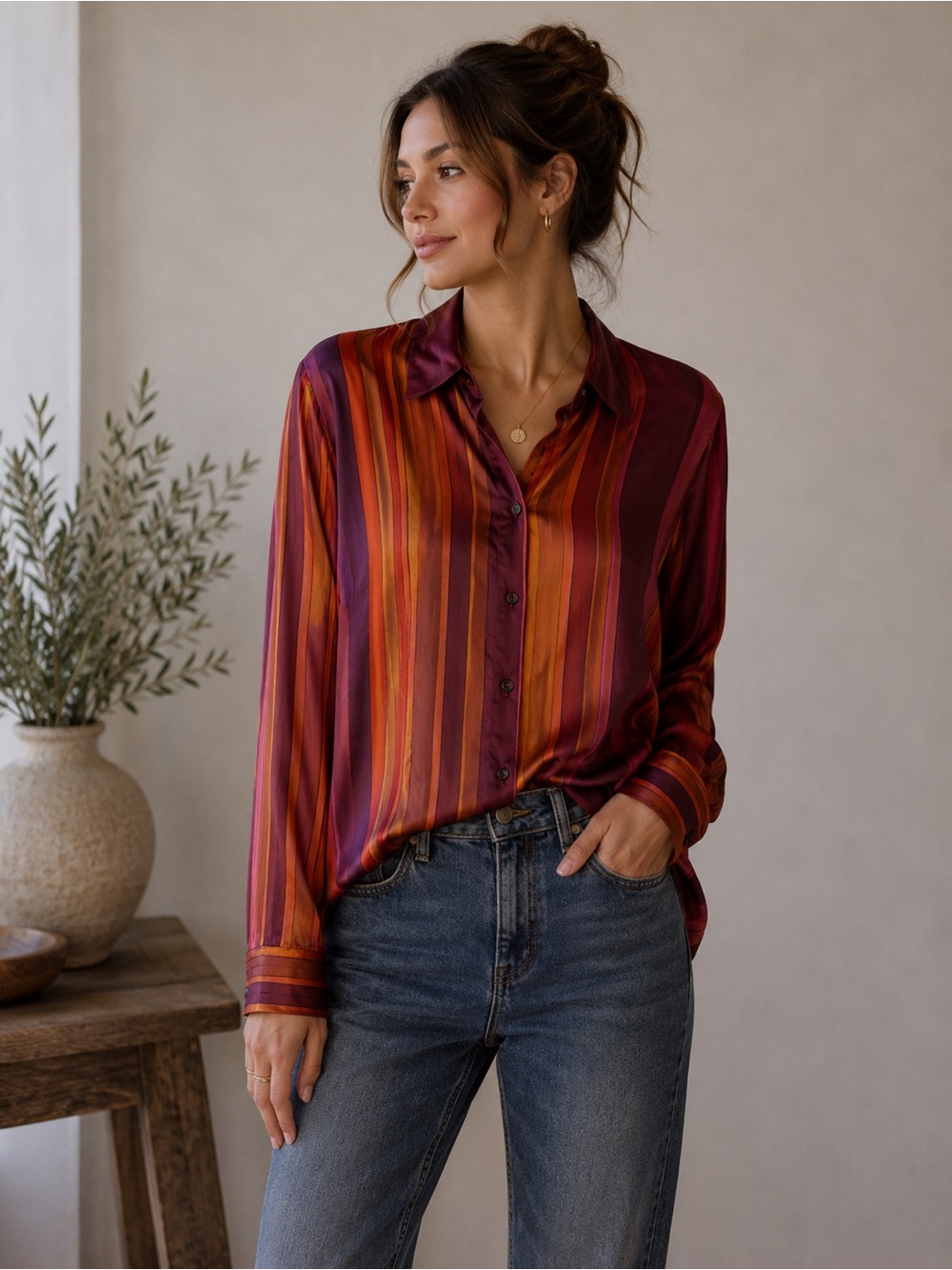 Jax Vintage Burgundy and Orange Striped Button Down Silk Shirt Size 6 Luxury